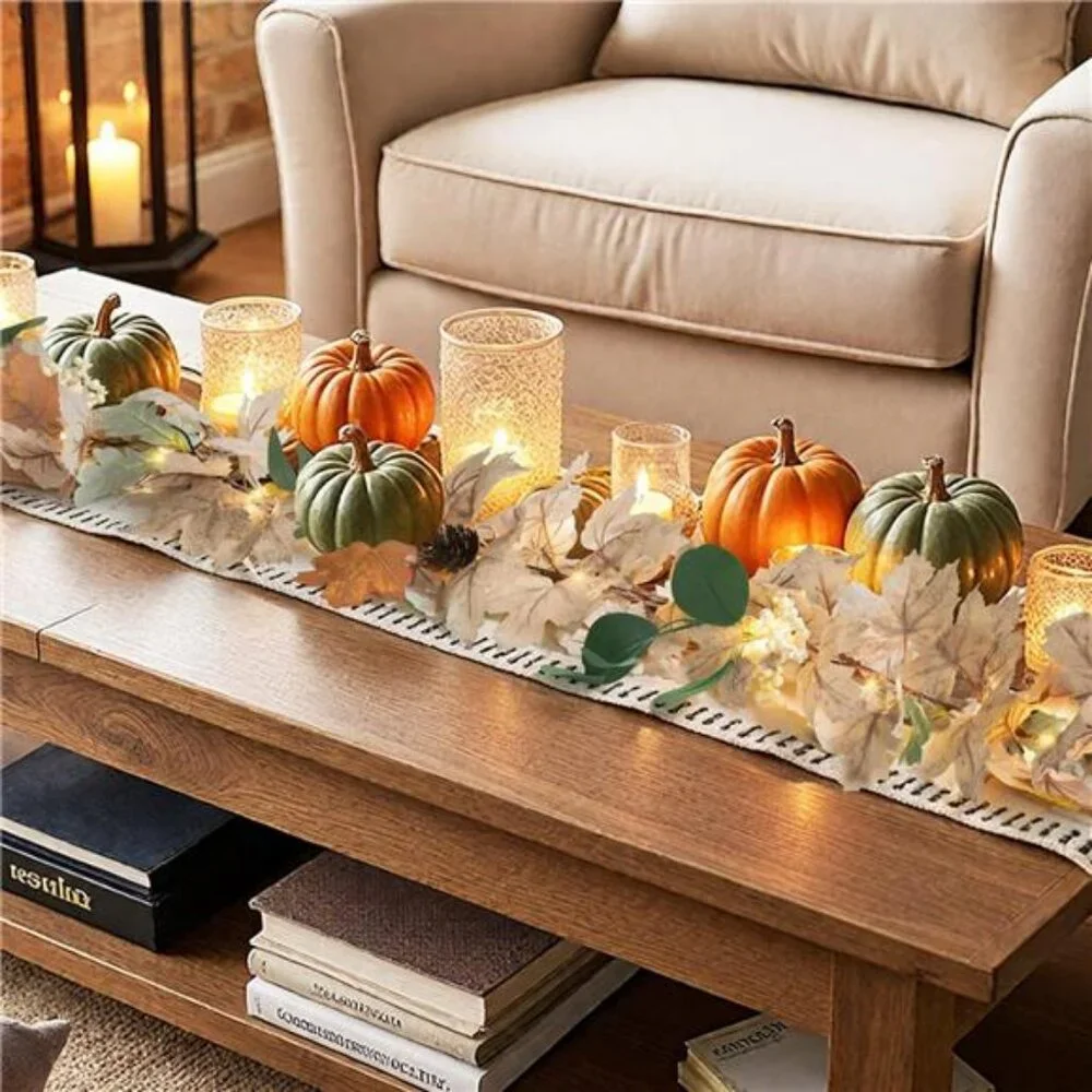 Fall Leaves Garland with Lights for Mantle Decor, 6 Ft Neutral Fall Ear Maple